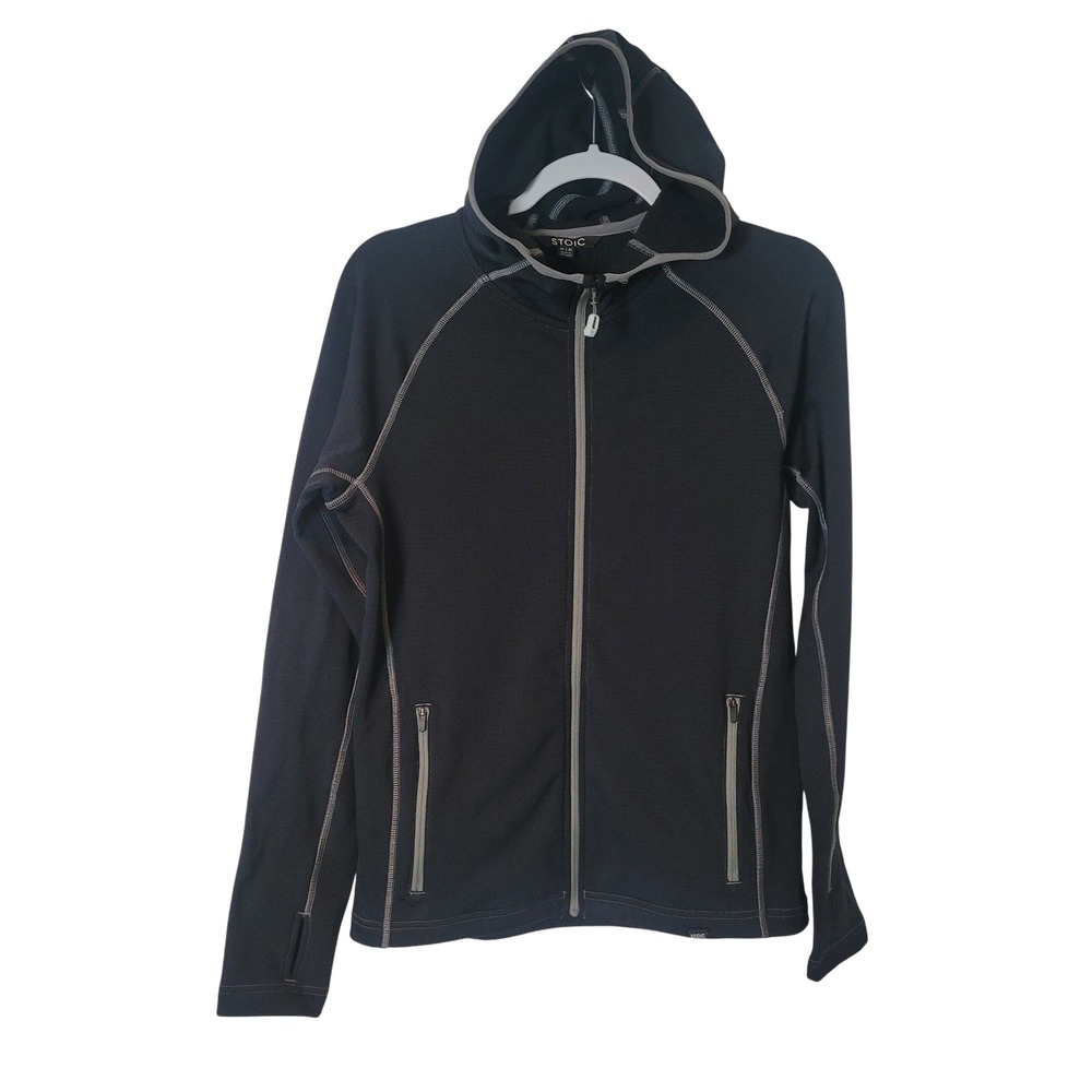 Stoic Women Black Grid Fleece Full Zip Hoodie Thumbholes Size Medium Gorpcore
